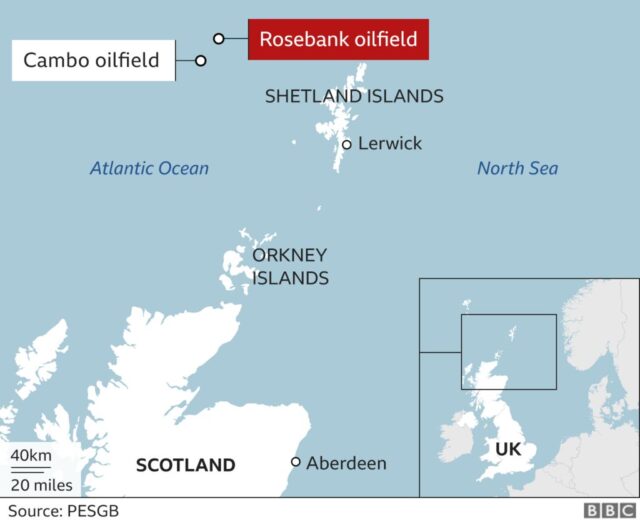 Map showing the location of both Rosebank Oil Field and Cambo Oilo Field with respect to Shetland.